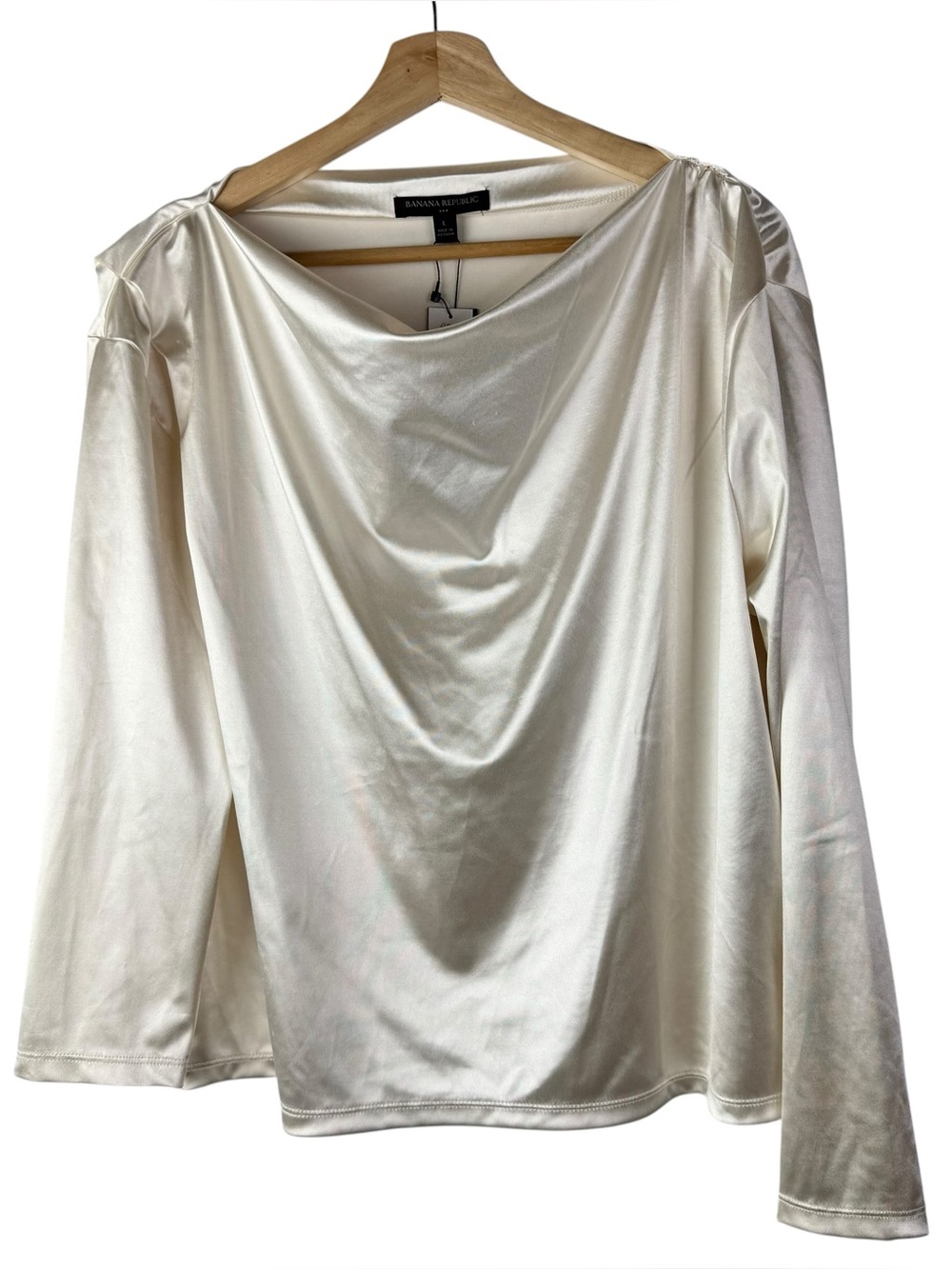 Banana Republic Ivory Cream Satin Drape Front Long Sleeve Blouse L
